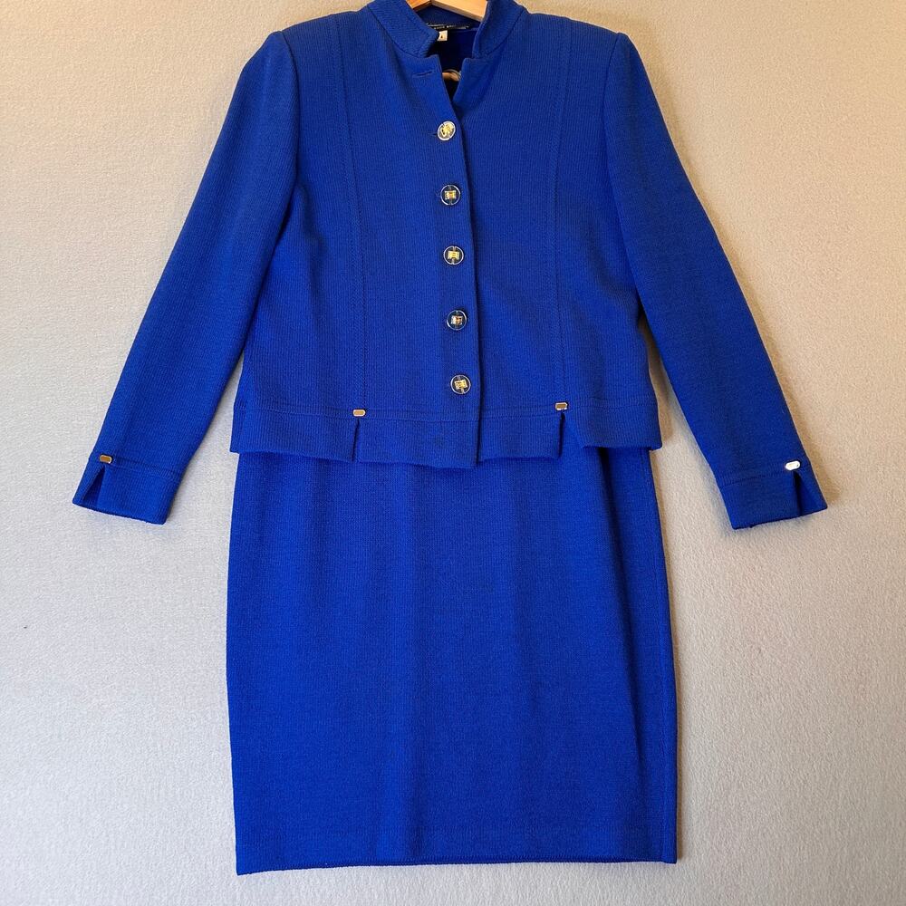St John Collection Marie Gray Royal Blue Knit Skirt Suit Set Jacket Women Size 4